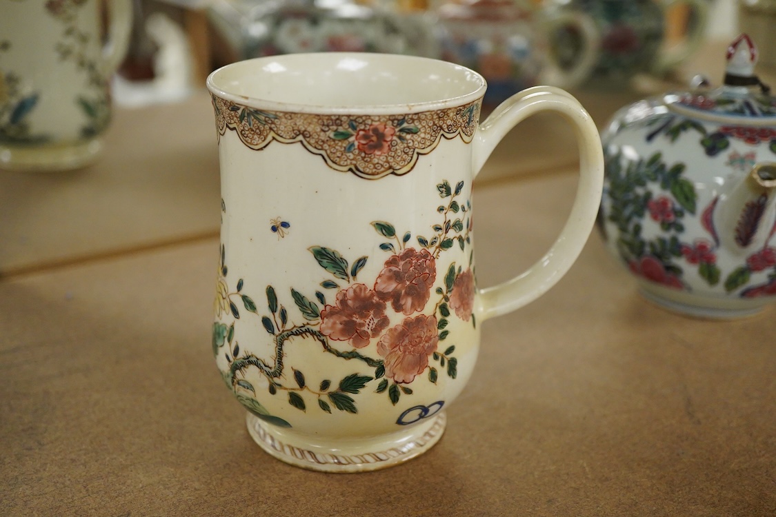 A Bow polychrome mug - 11.5cm high and a Bow prunus sprigged coffee can, c.1760-70
